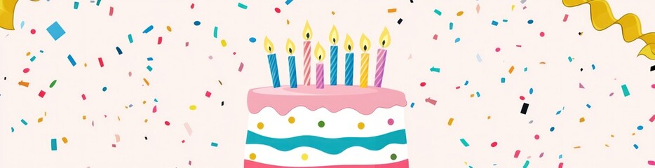 Festive birthday cake with candles and confetti.