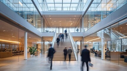 In a modern corporate environment, blurred figures of business professionals ascend the stairs, engaging in vibrant discussions. The open architecture enhances collaboration and creativity
