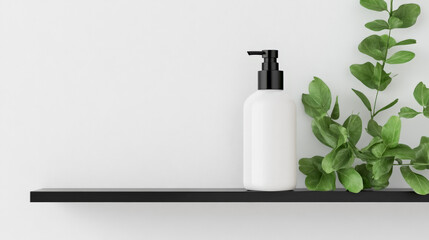 White pump bottle of lotion or soap sits on a black shelf with green leaves.