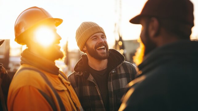 Diverse group of construction workers laughing together, sun flare adding a nostalgic feel.