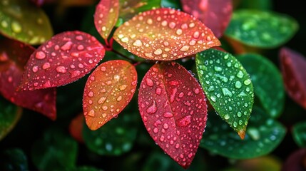 Dew drops on colorful autumn leaves.