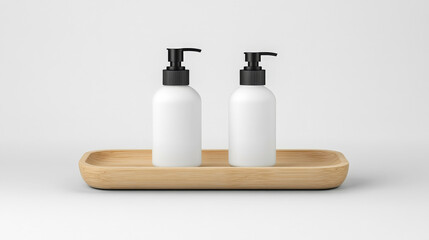 Two sleek, white pump bottles with black tops sit on a light wood tray against a bright background.  A minimalist and clean aesthetic.