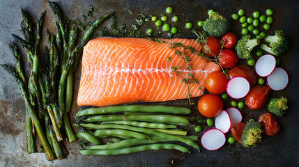 Upscale Gourmet Salmon Dinner: Roasted Salmon with Asparagus, Green Beans, and Colorful Vegetables  