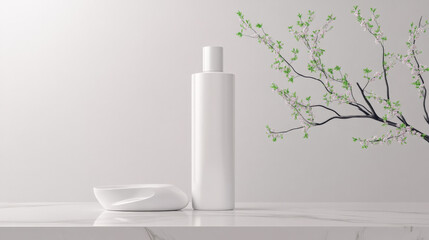 Elegant white bottle and decorative bowl on a marble surface, accented by a blossoming branch.  Clean and minimalist aesthetic.