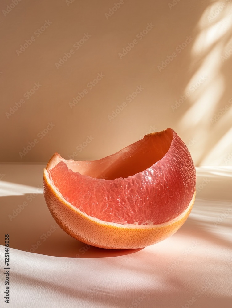 Poster close-up of a partially peeled grapefruit segment, showcasing its vibrant pink flesh and texture, il