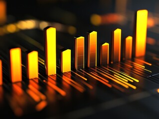 Abstract 3D glowing orange and yellow bar graph on dark background.