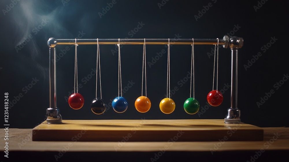 Poster newton's cradle captured in motion, with the swinging balls creating a visual of balance and energy 