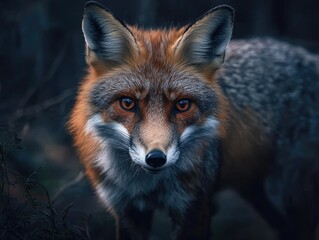 Fototapeta premium Captivating close-up portrait of a red fox with intense orange eyes in a dark forest environment