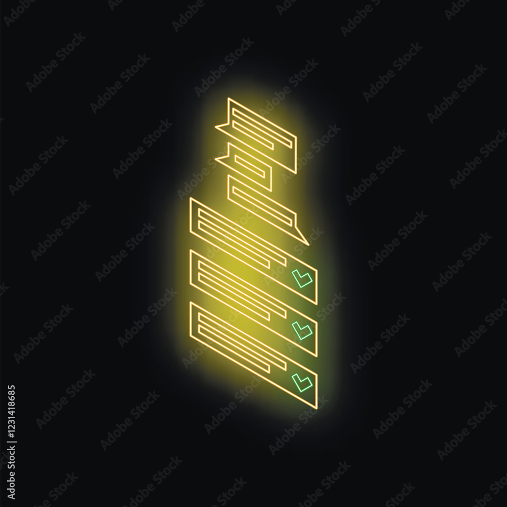 Poster neon yellow checklist with completed tasks marked by green check marks and speech bubbles, symbolizi