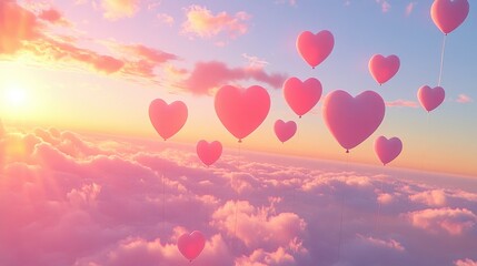 Fototapeta premium Pink heart-shaped balloons drifting in the sky at dawn, with a gentle, romantic atmosphere created by the first light of day