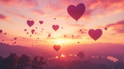 Obraz premium Pink heart-shaped balloons drifting in the sky at dawn, with a gentle, romantic atmosphere created by the first light of day
