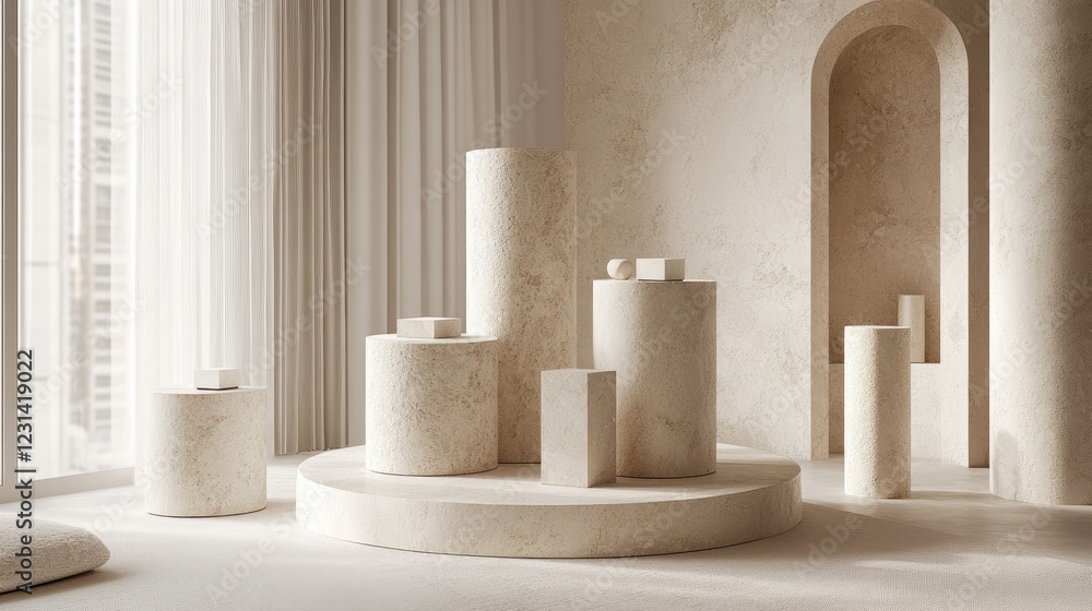 Aufkleber premium beige podiums with soft geometric shapes like cylinders and cubes, creating a sophisticated 