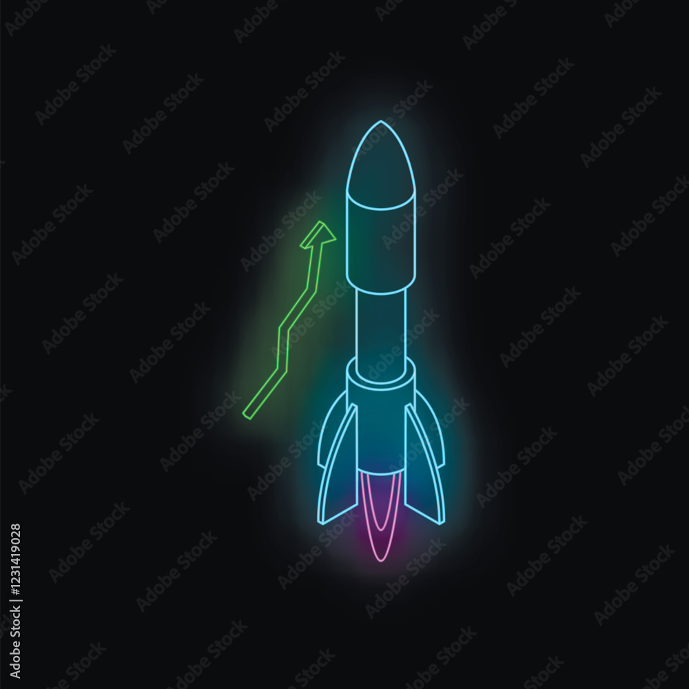 Poster neon colored rocket launching with increasing business graph on dark background representing startup