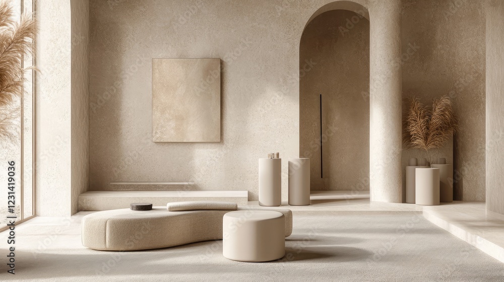 Poster premium beige podiums with soft geometric shapes like cylinders and cubes, creating a sophisticated 