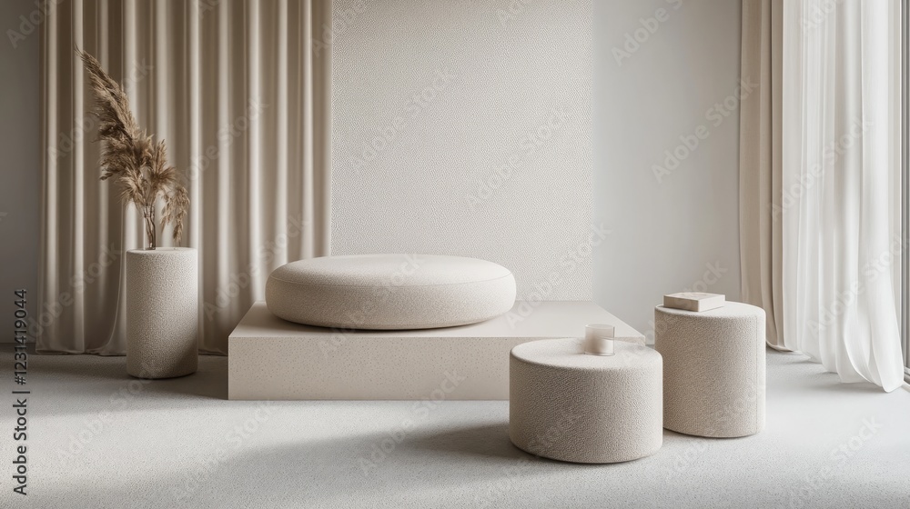 Poster premium beige podiums with soft geometric shapes like cylinders and cubes, creating a sophisticated 