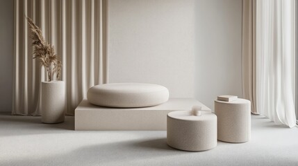 Premium beige podiums with soft geometric shapes like cylinders and cubes, creating a sophisticated and modern backdrop for luxury displays