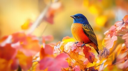 Obraz premium A bird is perched on a tree branch with leaves falling around it