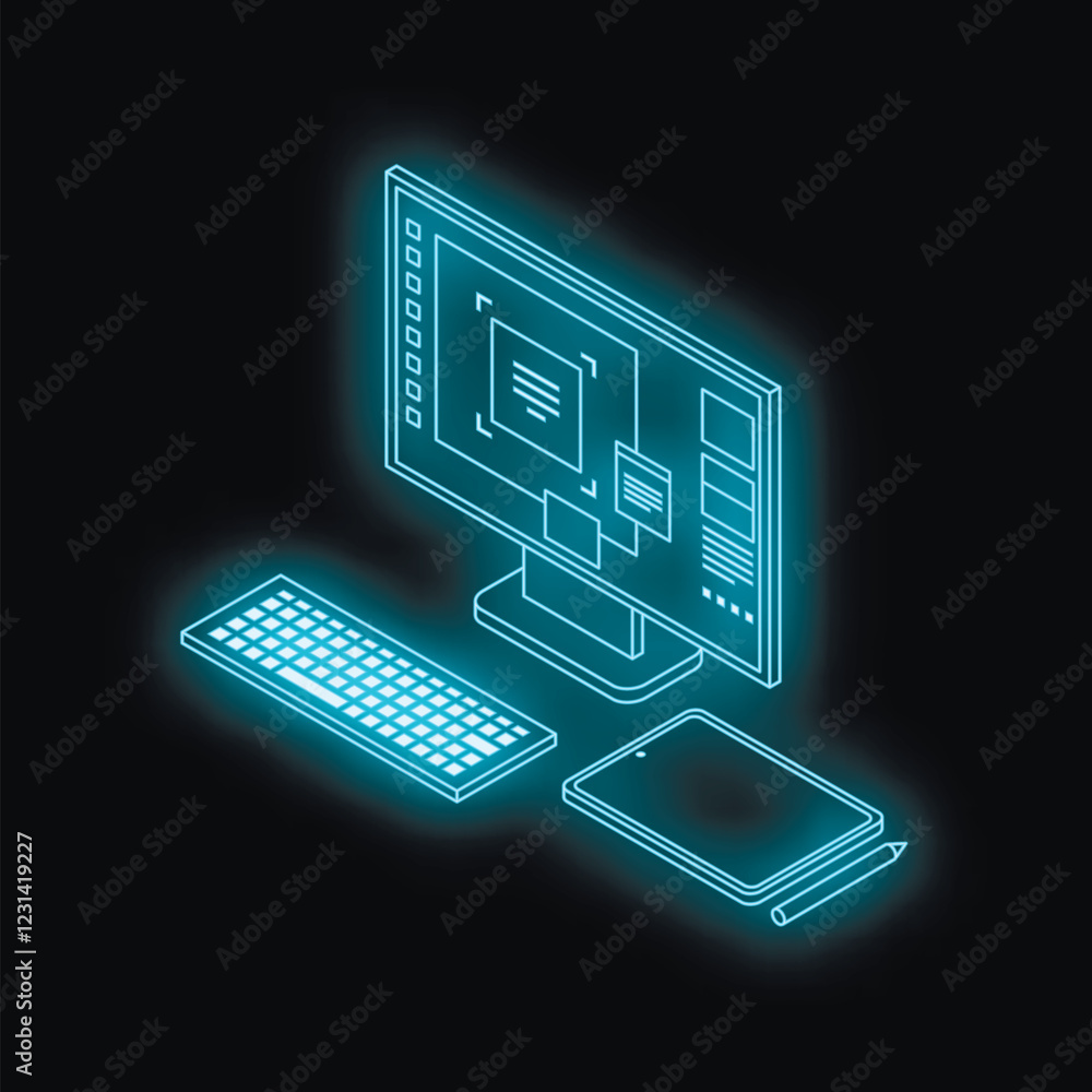 Poster glowing blue neon outline of a desktop computer setup with keyboard and tablet showing ui design ele