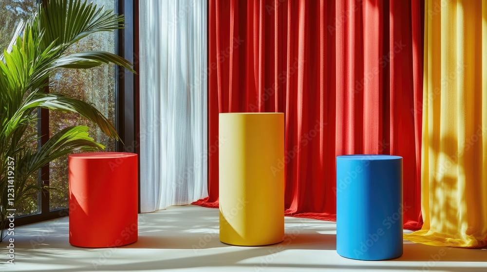 Poster red, blue, and yellow cylinder podiums against a window shade backdrop, offering a colorful and live