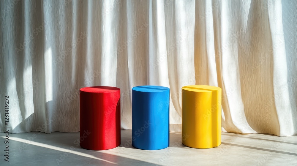 Poster red, blue, and yellow cylinder podiums against a window shade backdrop, offering a colorful and live