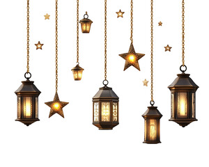 Obraz premium Hanging lanterns and stars create warm, inviting atmosphere, perfect for festive occasions or cozy settings. golden chains add elegance to display