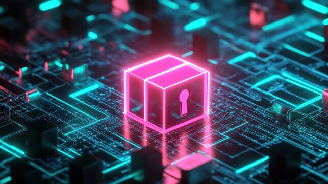 Futuristic digital lockbox on glowing circuit board