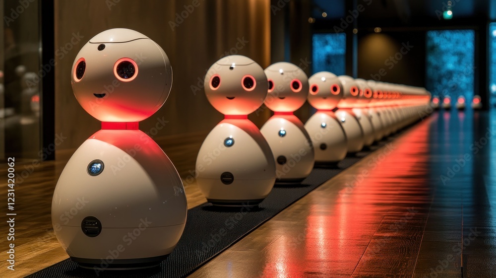 Poster a row of small, friendly-looking robots stands illuminated in a modern interior.