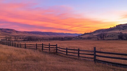 Sunrise over a fenced ranch with a warm, glowing sky, ideal for rural, farm, or peaceful countryside imagery