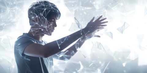 Young man interacting with futuristic digital network. (1)