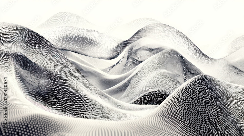 Poster abstract grayscale flowing hillscape, digital rendering, white background, data visualization
