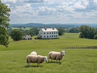 Obraz premium Idyllic rural scene sheep grazing on a grassy hill, overlooking a large white farmhouse and rolling green landscape under a partly cloudy sky.