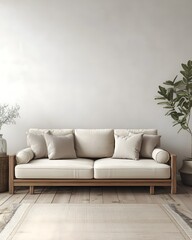Fototapeta premium Vertical photo of japandi living room with beige sofa and big wall space, earthy minimal interior design for modern lifestyle