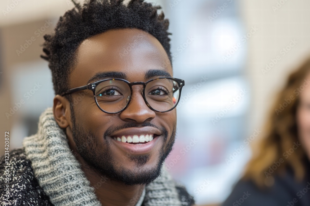 Poster a man smiling and enjoying a friendly conversation with a colleague at work, in a comfortable office