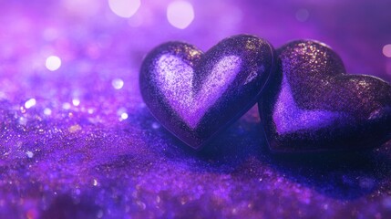 Obraz premium Two purple hearts on a vibrant purple glittery backdrop, blending shiny sparkles with soft blur for a romantic and glamorous feel