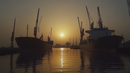Fototapeta premium Sunset over cargo ships in harbor, silhouetted against the sun.