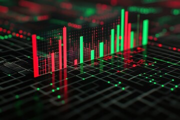 Abstract digital financial chart with red and green bars showing market trends on a dark grid background.