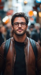 Fototapeta premium A man wearing glasses and a leather jacket, walking down a busy city street, with a confident and relaxed expression.