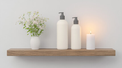 Spa-like setting with white bottles, a lit candle, and delicate white flowers in a vase on a wooden shelf.