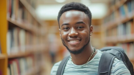 Smiling student library bookshelves education portrait