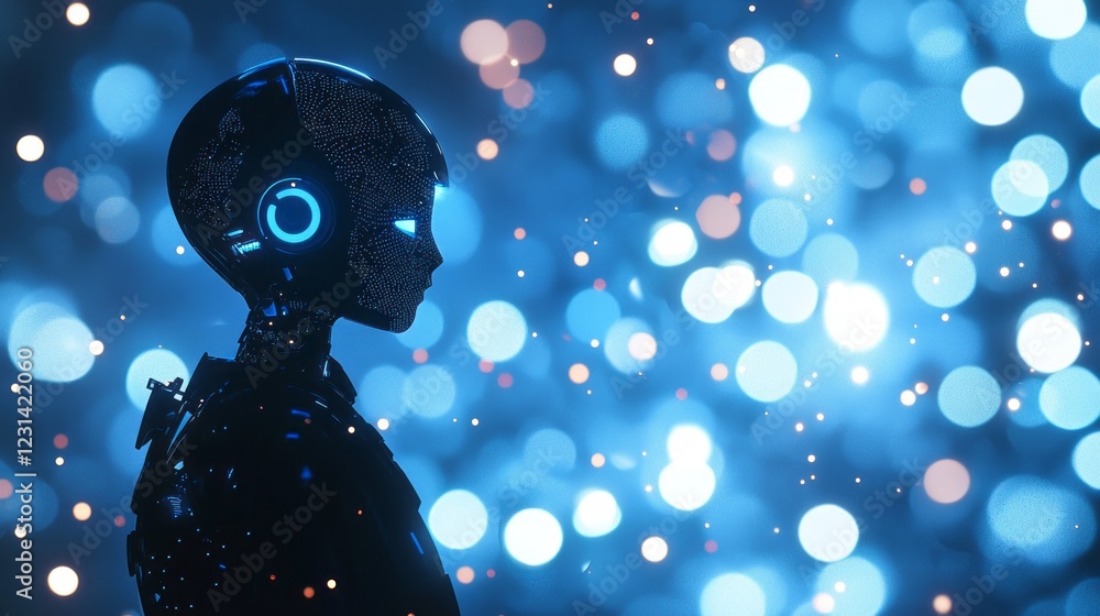 Poster A humanoid robot with intricate designs stands quietly in front of a mesmerizing backdrop of glowing lights