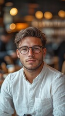 Obraz premium A man with a bold undercut hairstyle, wearing a casual shirt and glasses, sitting in a modern coffee shop with a relaxed expression.