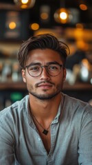 Fototapeta premium A man with a bold undercut hairstyle, wearing a casual shirt and glasses, sitting in a modern coffee shop with a relaxed expression.