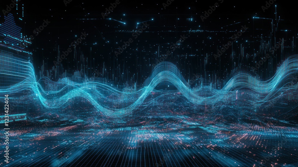 Poster abstract digital landscape with glowing blue waves and data streams.