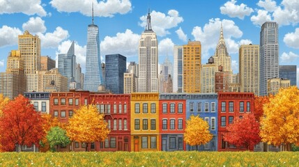 Obraz premium Autumnal New York City Skyline with Vibrant Townhouses and Fall Foliage