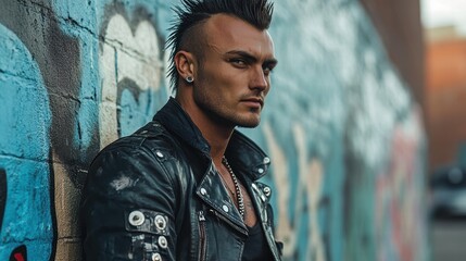 Fototapeta premium A man with a distinctive mohawk hairstyle, wearing a leather jacket and standing confidently in front of a graffiti-covered wall.