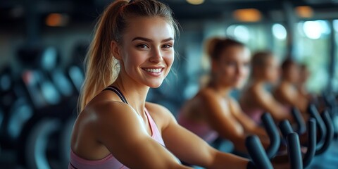 Group of woman in sportwear participating fitness and yoga class in finest gym