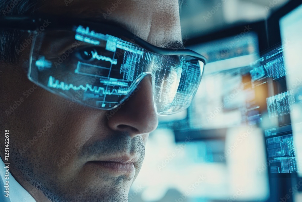 Poster close-up of man using smart glasses to analyze data