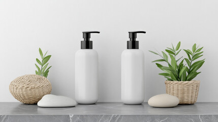 Two sleek, white pump bottles sit on a marble surface, flanked by greenery and stones.  A minimalist bathroom aesthetic.