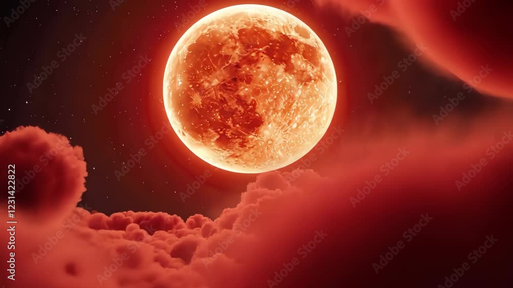 Poster glowing red moon illuminates night sky surrounded by dramatic clouds creating surreal atmospheric ce