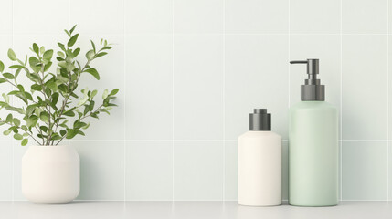 Spa-like bathroom setting with sleek bottles and a leafy plant. Serene and minimalist aesthetic.